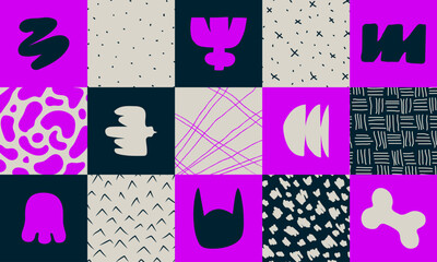 Set of square abstract geometric compositions, Hand drawn playful naive geometric unusual shapes and texture, minimalistic bizarre collage in matisse style, flat violet color vector pattern set 3