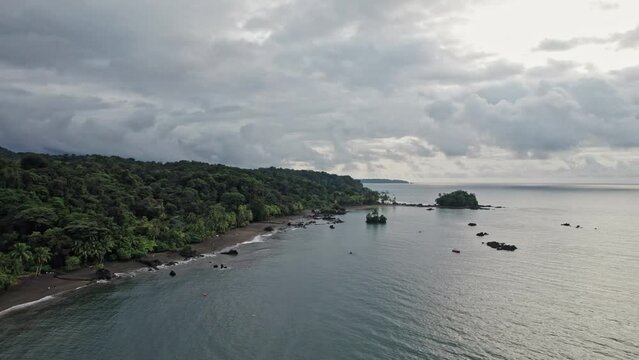 Aerial view of island with black sand and palm trees