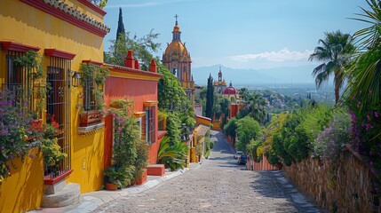 Obraz premium Colorful Street in San Miguel de Allende, Mexico with Scenic Overlook and Vibrant Architecture