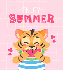 Cute summer card with tiger and watermellon. Hello summer colorful postcard, flat design vector. Hello summer quotes. Summer hand drawn prints design.  Positive phrases for stickers, postcards or post