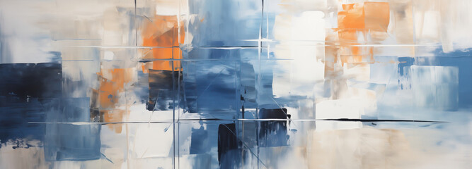 A dance of brushstrokes and colors. An abstract painting fuses splashes of blue and orange with bold brushstrokes against a soft background.