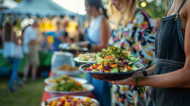 A woman is standing outdoors, holding a plate of food in her hands at an event.