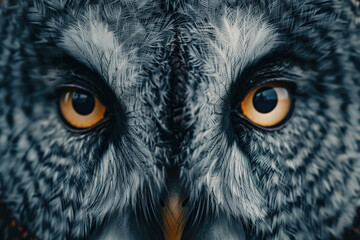 Front-facing photo of an owl, focus on the eyes.