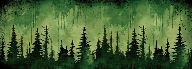 Enchanted forest silhouettes against a mystical green aurora. A haunting forest skyline emerges with evergreens under a dreamlike green auroral sky. Abstract background texture