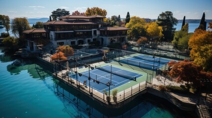 Scenic Lakeside Paddle Tennis Courts Surrounded by Autumn-Colored Trees and Luxury Villa