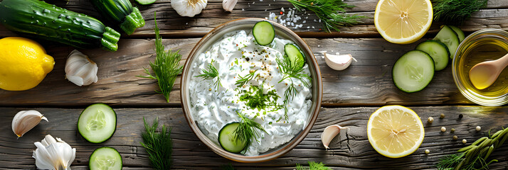 Fresh Tzatziki Recipe Displayed with Vibrant Whole Ingredients in a Rustic Kitchen Setting