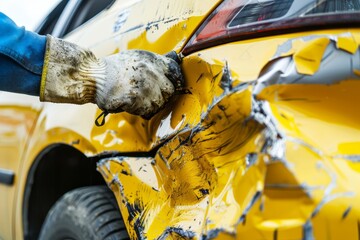 Professional auto body repair for yellow car restoration after an accident with modern tools