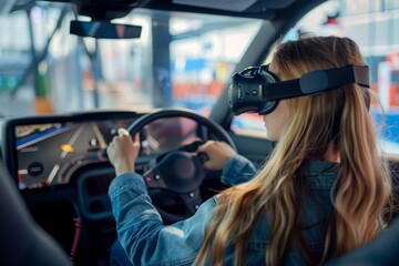 Female student practicing driving skills in virtual reality simulator at driving school class