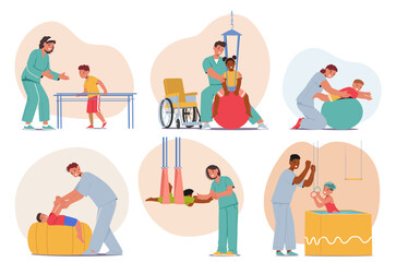 Caring Medical Professional Characters Guide Children Through Physical Therapy, Using Fun Engaging Activities