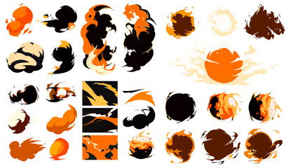 Big set of manga visual vector cartoon effects of smoke and dust clouds. Perfect for animation design, illustration, carton, anime, CG game art, tactical design, etc.
