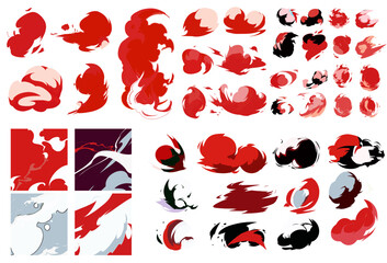 Big set of manga visual vector cartoon effects of smoke and fire blast in red and black colors. Perfect for animation design, illustration, carton, anime, CG game art, tactical design, etc.