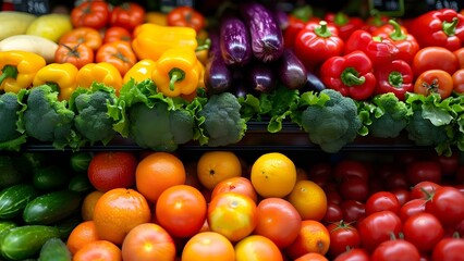 Top view of colorful organic produce display at farmers market or store. Concept Organic Produce, Farmers Market, Colorful Display, Top View, Fresh Vegetables