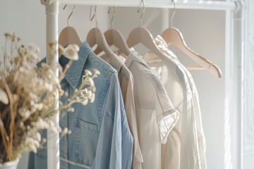 Clean clothes hanging on rack after professional dry-cleaning indoors on white background