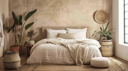 A bedroom boho style with a large comfortable bed, with neutral-colored bedding and a cream-colored chunky knit blanket