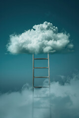 A step ladder leads up to a cloud in the shape of a ladder. Symbolizing growth, development, and reaching new heights