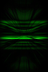 Dark background with green speed blur lines. Illustration with green colorful light trails in perspective