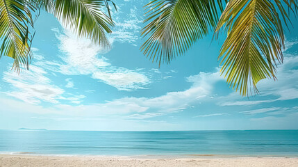 A scenic view of a tropical beach with palm trees and the ocean in the background under a blue sky