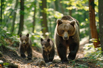 Obraz premium A brown bear and cubs walk in the forest. Scene of a mother bear and cubs. Surrounded by big trees.