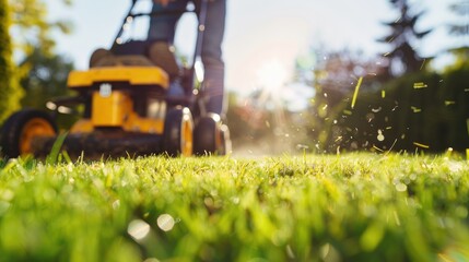 close-up of a man mowing the lawn
