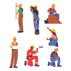 Collection Of Construction Workers Engaged In Various Activities. Surveying, Shoveling, Bricklaying, Blueprint Reading