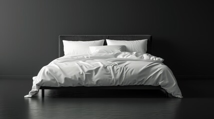 Front view close-up of a contemporary bed with a white blanket on a dark background, isolated on a white backdrop for contrast