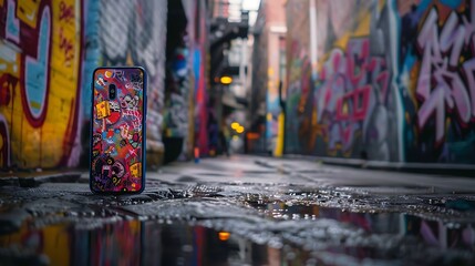 Fototapeta premium A mobile phone inspired by the art of street graffiti, with vibrant colors and urban motifs, against a softly blurred alleyway backdrop filled with graffiti art, showcasing urban creativity