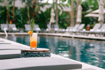 Swimming pool and sun loungers at stylish tropical spa hotel, summertime banner mockup. Summer travel sales and vacation concept.