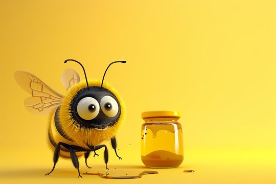 abeja con tarro de miel sobre fondo amarillo. dibujos animados