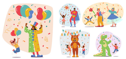 Joyous Children At A Festive Party With Entertainers Dressed As Superheroes, Animals, And Clowns, Engaging In Fun
