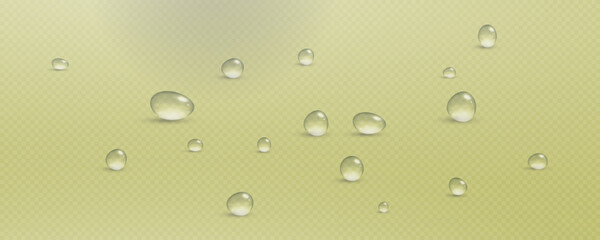 Realistic vector water drops png on a transparent light background. Water condensation on the surface with light reflection and realistic shadow. 3d vector illustration