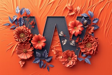 3D Render Letter W with Engraved Flowers on Orange Background