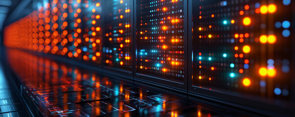 Obraz premium Curved data center with illuminated server racks