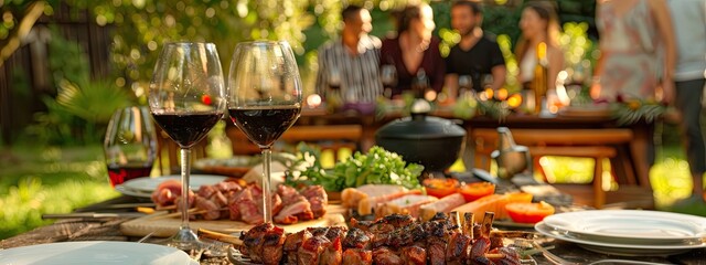 a table in nature, barbecue, wine glasses