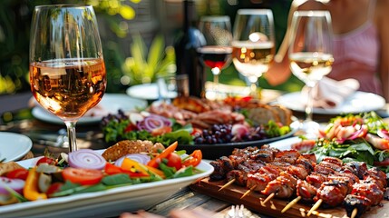 a table in nature, barbecue, wine glasses