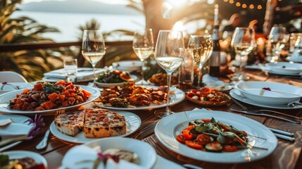 Obraz premium Elegant outdoor dinner on terrace with beautifully set table, enjoying feast with scenic views