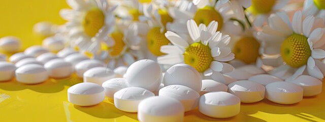 bady pills with chamomile flowers chamomile close-up - obrazy, fototapety, plakaty