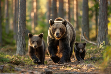 A brown bear and cubs walk in the forest. Scene of a mother bear and cubs. Surrounded by big trees.