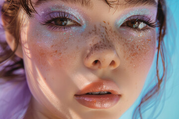 A close-up shot of a woman with freckles on her face, showcasing her unique beauty and natural skin features