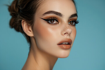 Naklejka premium A female with brown eyes wearing makeup and a bun hairstyle