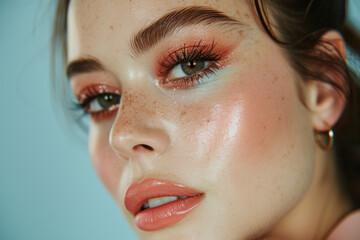 A close up view of a womans face with brown eye makeup, showcasing the artistry and beauty of the makeup application