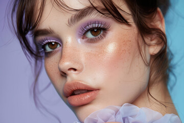A detailed view of a females face featuring vibrant purple makeup accentuating her features