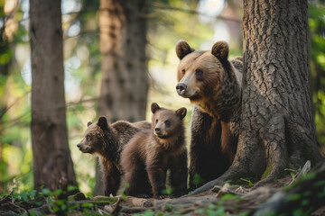 A brown bear and cubs walk in the forest. Scene of a mother bear and cubs. Surrounded by big trees.