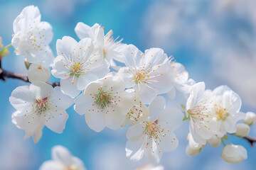 A close-up view of white flowers blooming on a tree branch, set against a blue sky backdrop - Powered by Adobe