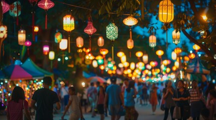 A group of people walk through a street adorned with numerous hanging lights from the ceiling.
