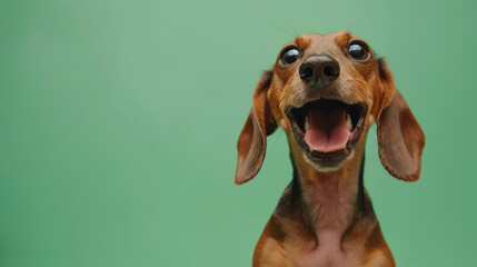 A dachshund dog displaying a surprised expression with its mouth agape and eyes wide open