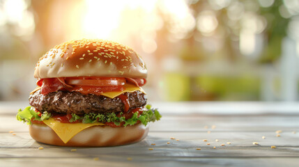 A big, juicy cheeseburger resting on a white wooden table