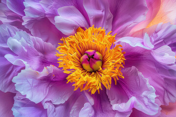 A detailed view of a vibrant purple and yellow flower blossom with a focus on its intricate center