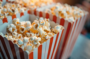 A detailed view of popcorn filled in striped paper bags, ready for snacking