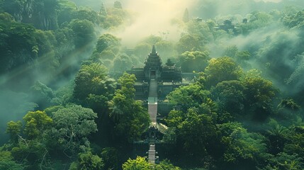 A deep mysterious jungle with temples. Aerial high view. Generative AI.