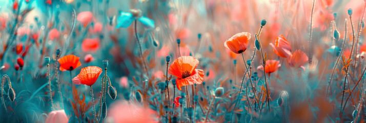 A field filled with red poppies and blue flowers, creating a colorful and lively scene